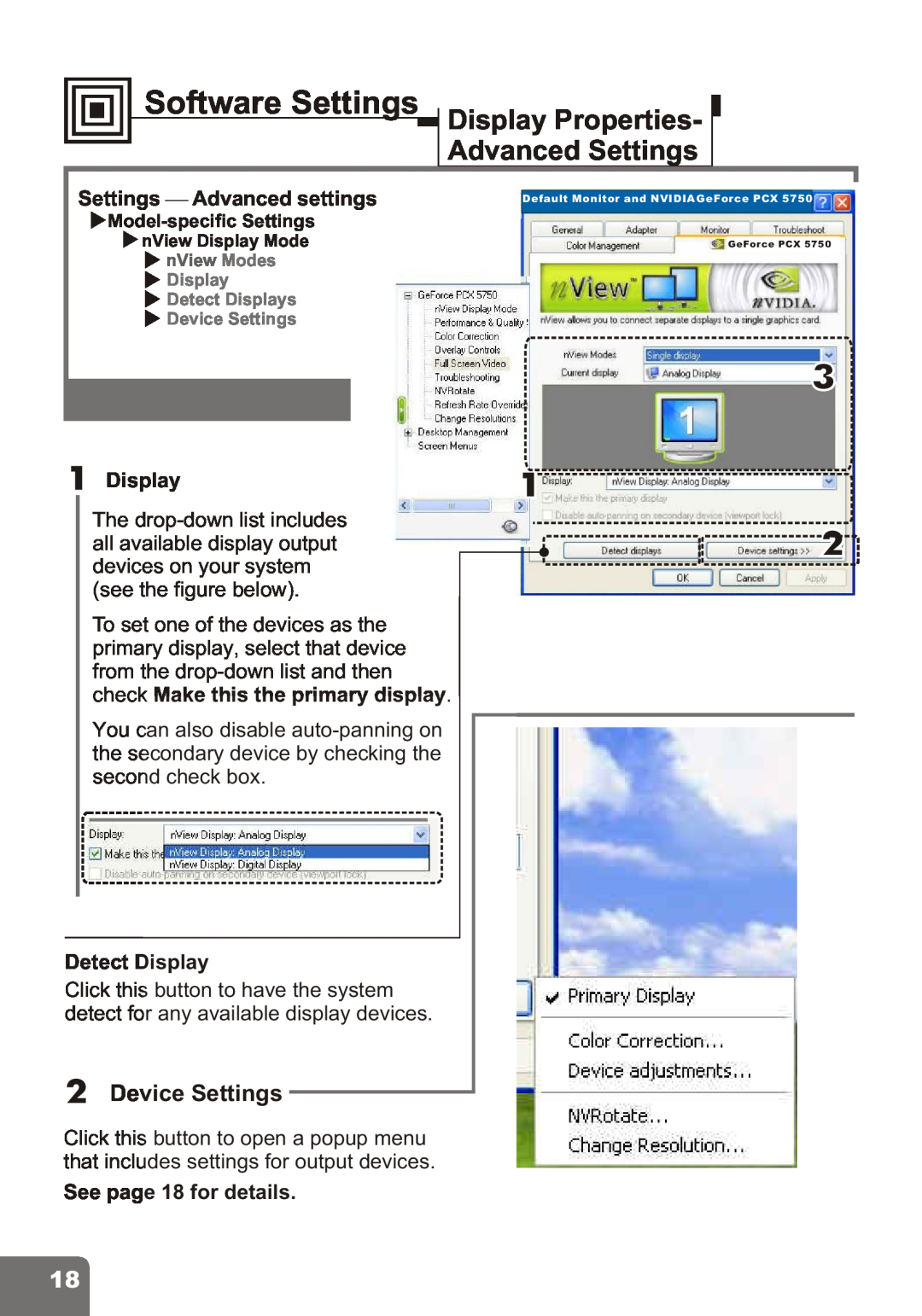 Nvidia PCI Express Series user manual Software Settings Display Properties, Advanced Settings, Device Settings, Display1 