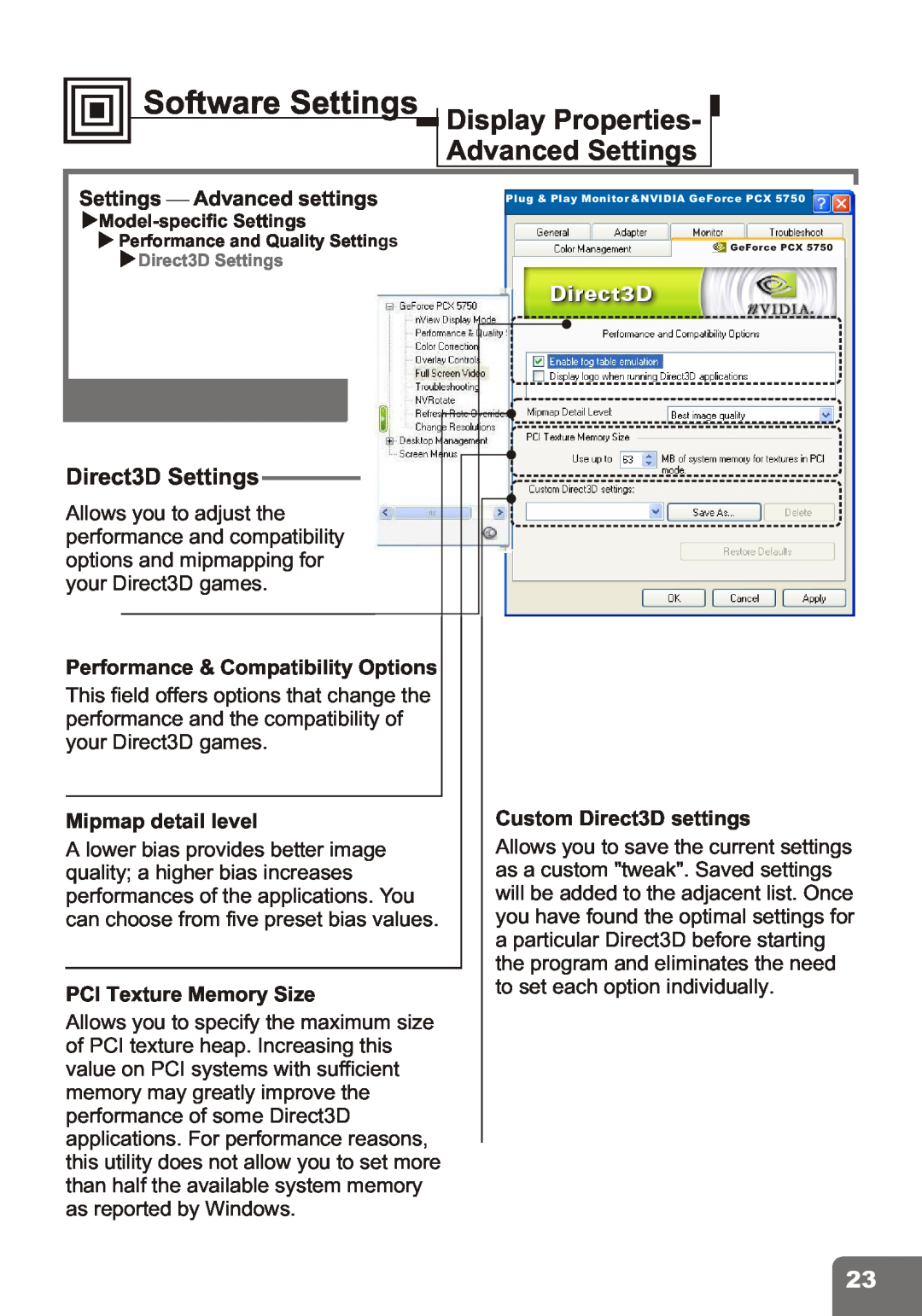 Nvidia PCI Express Series Direct3D Settings, Performance & Compatibility Options, Mipmap detail level, Software Settings 
