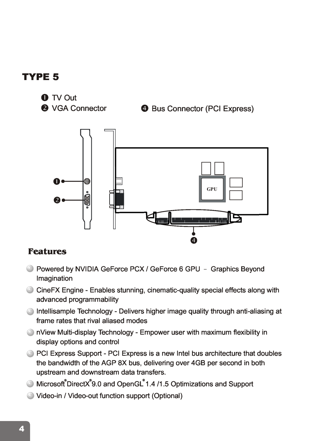 Nvidia PCI Express Series user manual Features, TV Out, Bus Connector PCI Express, Type, VGA Connector 