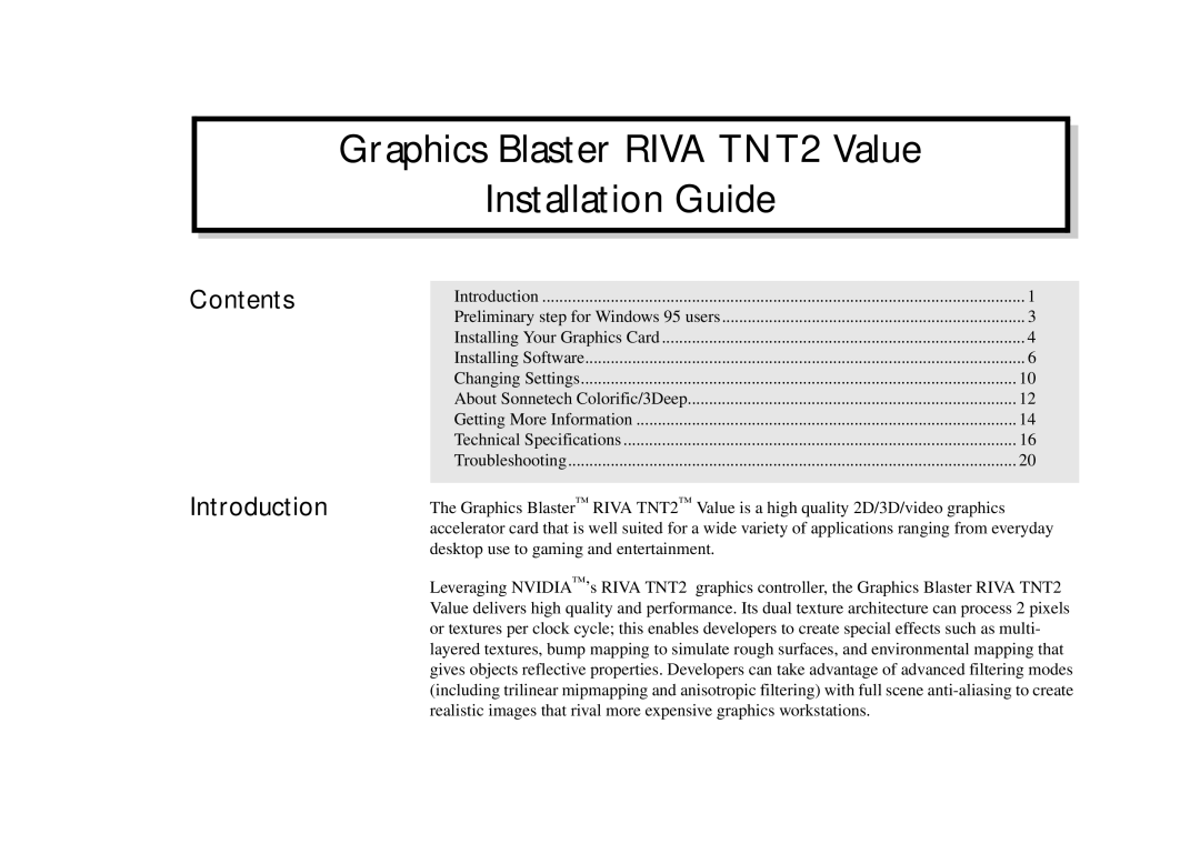 Nvidia technical specifications Graphics Blaster Riva TNT2 Value Installation Guide, Contents Introduction 