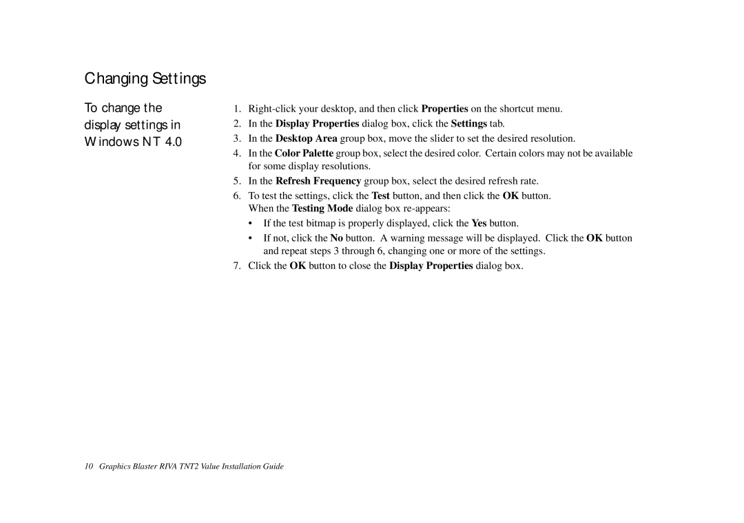 Nvidia TNT2 technical specifications Changing Settings, To change the display settings in Windows NT 