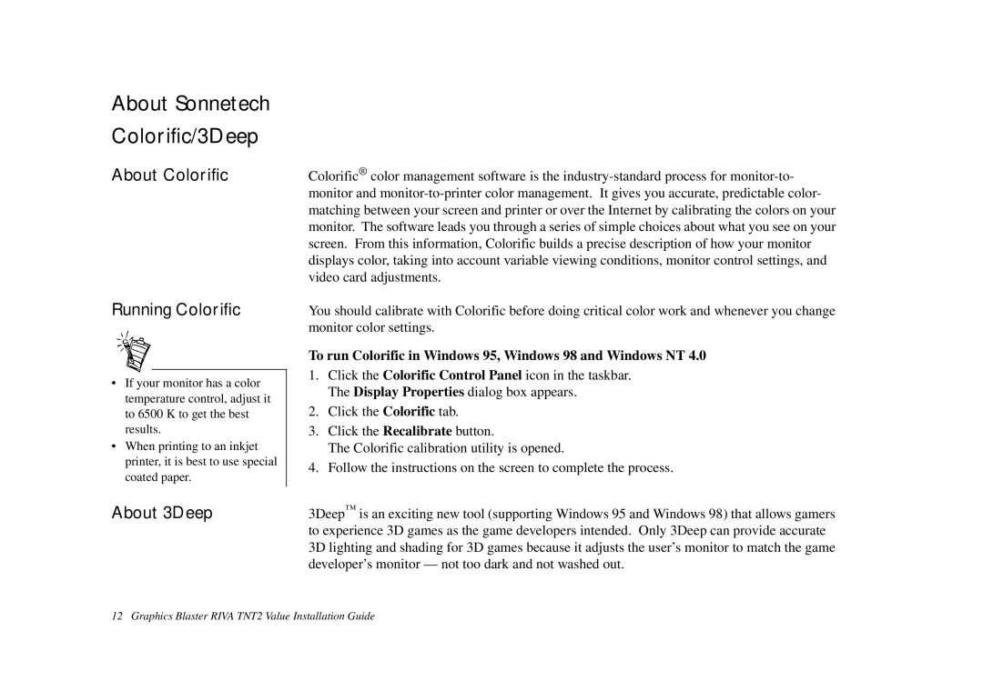 Nvidia TNT2 technical specifications About Sonnetech Colorific/3Deep, About Colorific Running Colorific, About 3Deep 