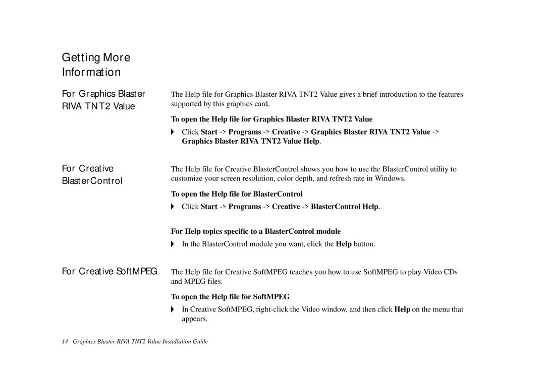 Nvidia TNT2 technical specifications Getting More Information, For Creative BlasterControl For Creative SoftMPEG 