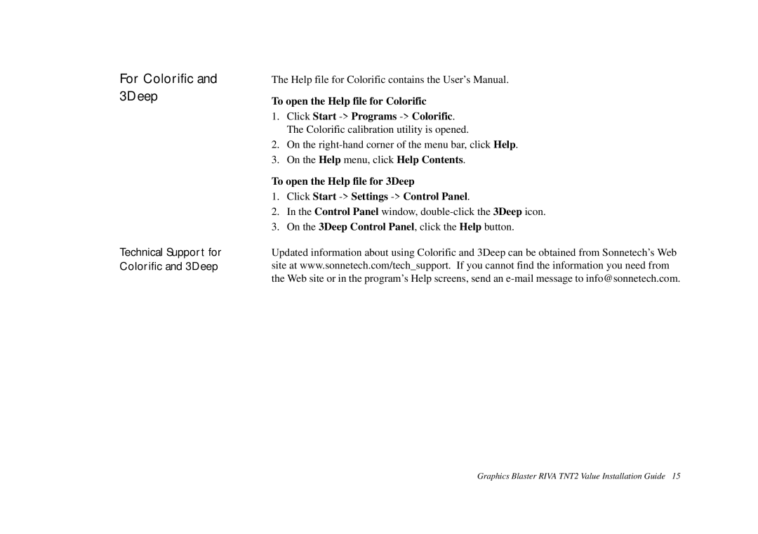 Nvidia TNT2 technical specifications For Colorific and 3Deep 