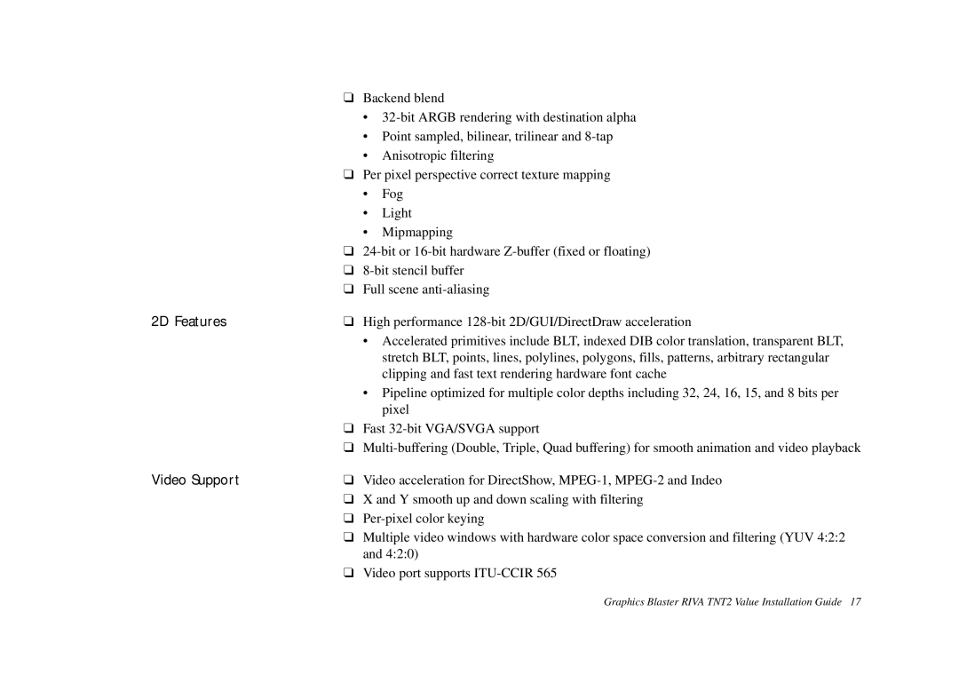 Nvidia TNT2 technical specifications 2D Features, Video Support 