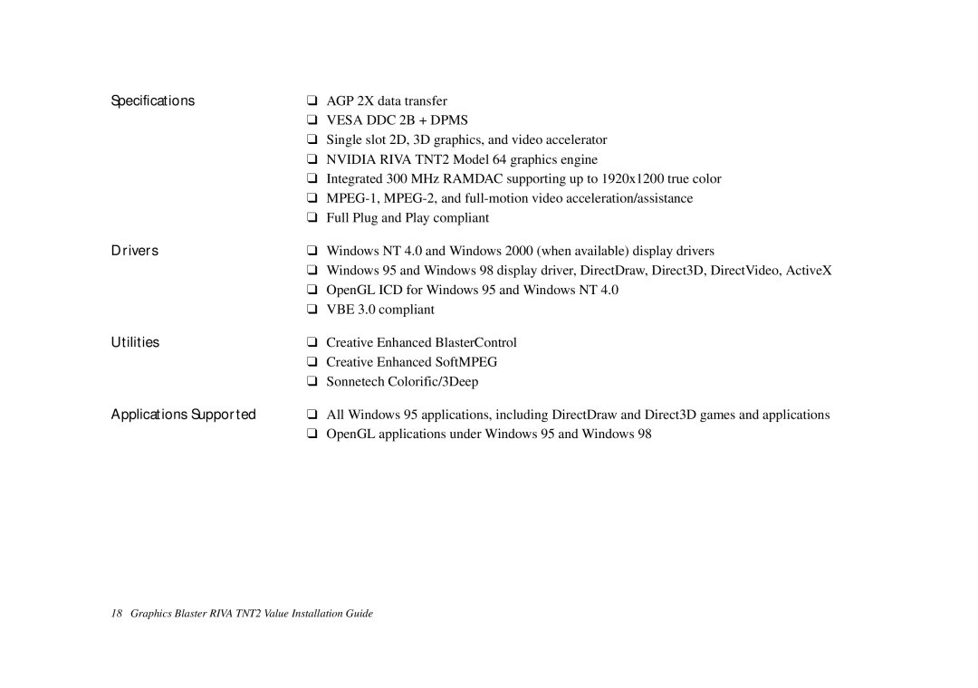 Nvidia TNT2 technical specifications Specifications, Drivers, Utilities, Vesa DDC 2B + Dpms 