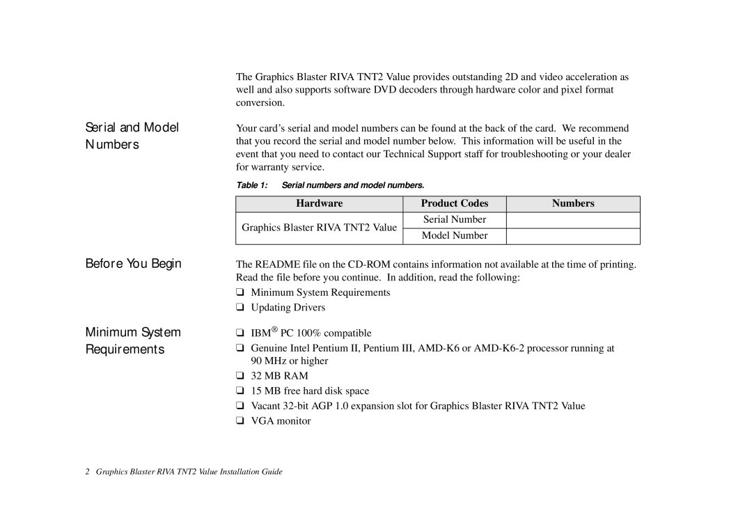 Nvidia TNT2 technical specifications Hardware Product Codes Numbers 