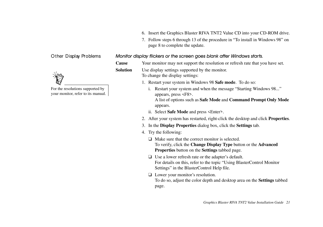 Nvidia TNT2 technical specifications Other Display Problems 