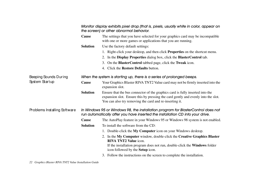 Nvidia TNT2 technical specifications Wkhvfuhhqrurwkhudeqrupdoehkdylru, Cause, Solution 