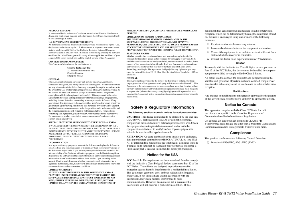 Nvidia TNT2 technical specifications Safety & Regulatory Information 