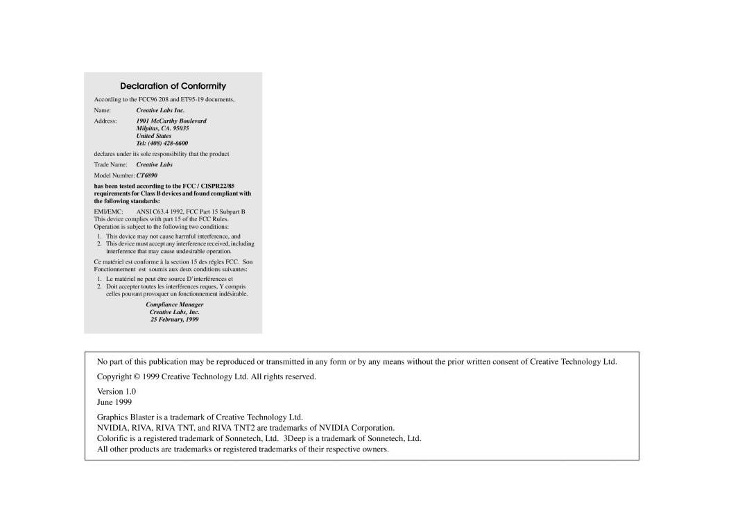 Nvidia TNT2 technical specifications Declaration of Conformity 