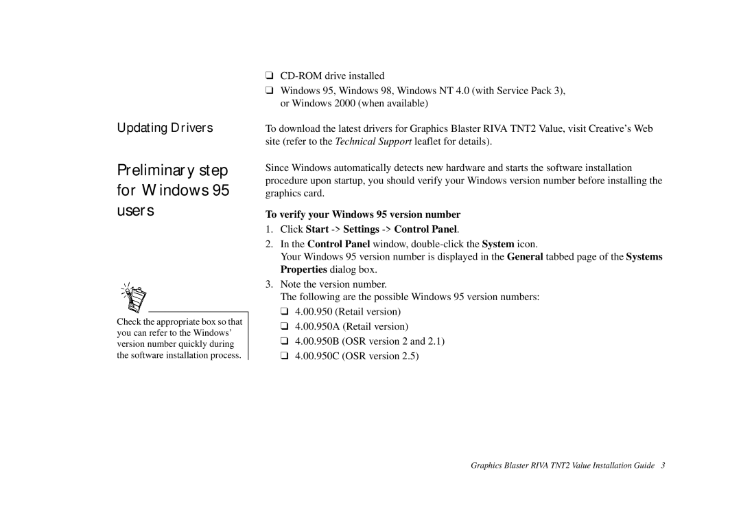 Nvidia TNT2 technical specifications Preliminary step for Windows 95 users, Updating Drivers 