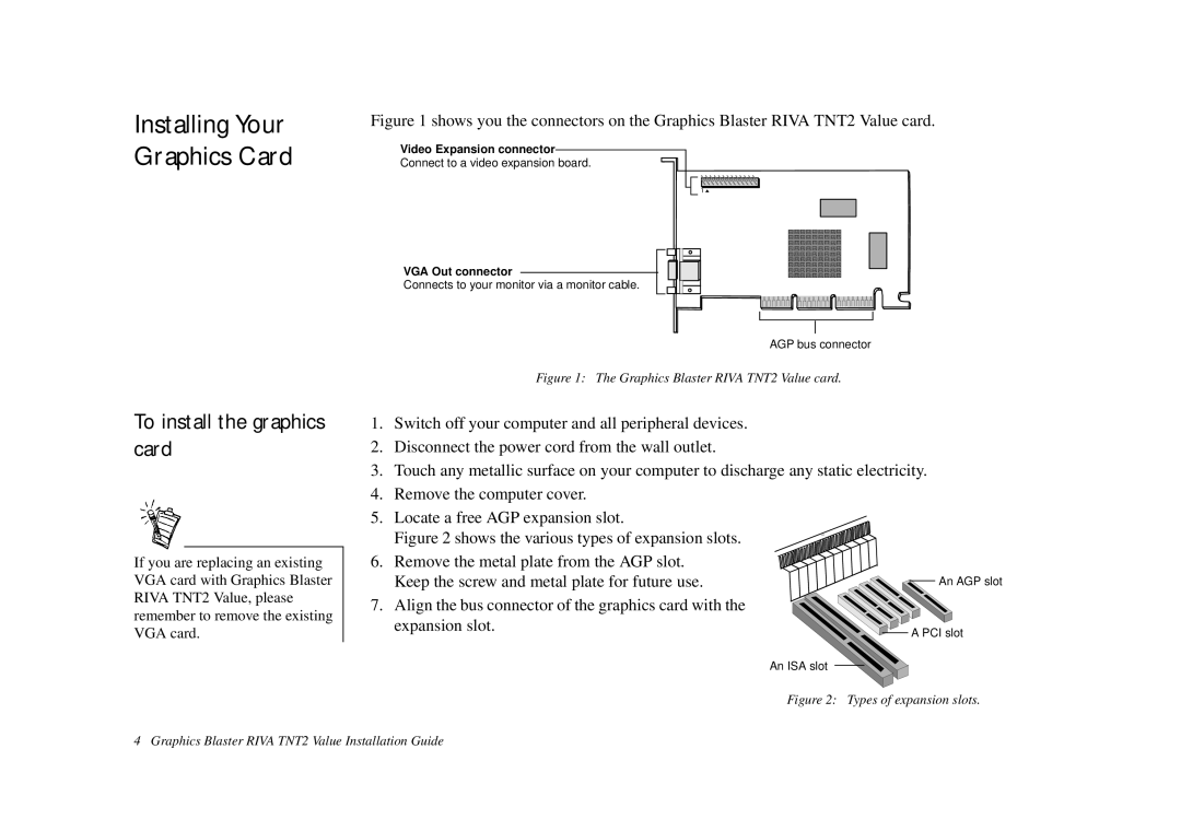 Nvidia TNT2 technical specifications Installing Your Graphics Card, To install the graphics card 