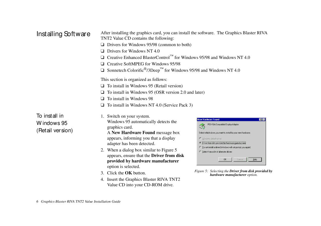 Nvidia TNT2 technical specifications Installing Software, To install in Windows 95 Retail version 