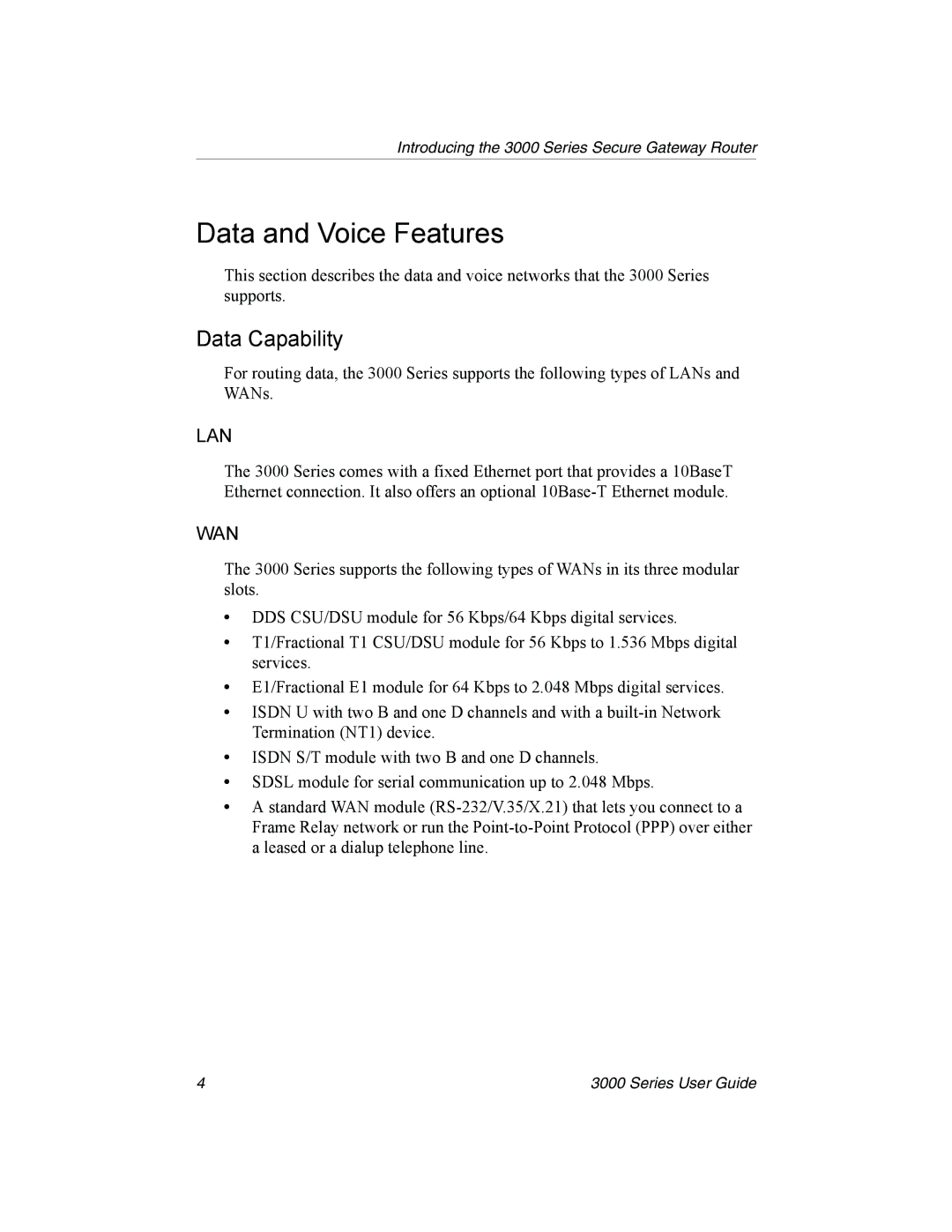 Nx Networks 3000 manual Data and Voice Features, Data Capability 