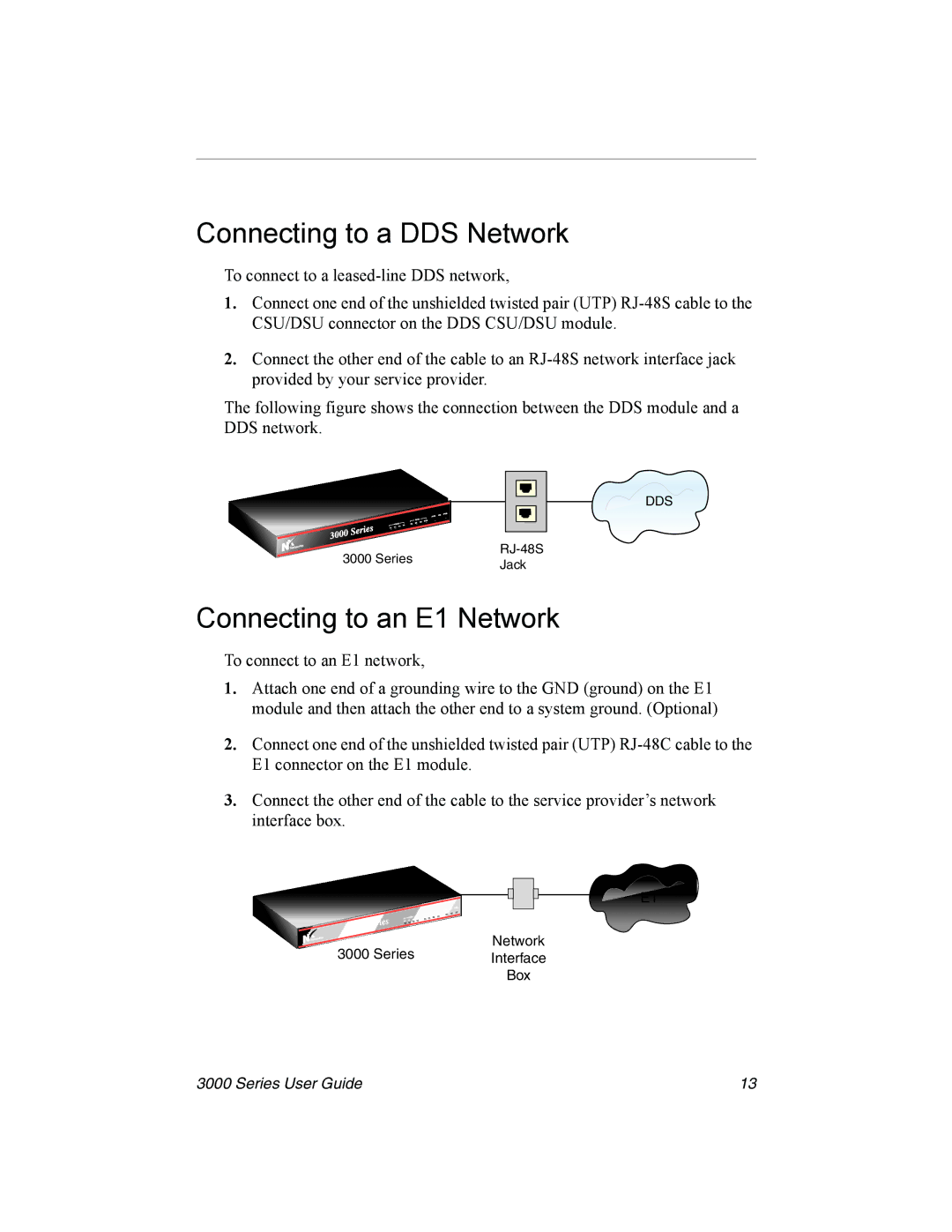 Nx Networks 3000 manual Connecting to a DDS Network, Connecting to an E1 Network 