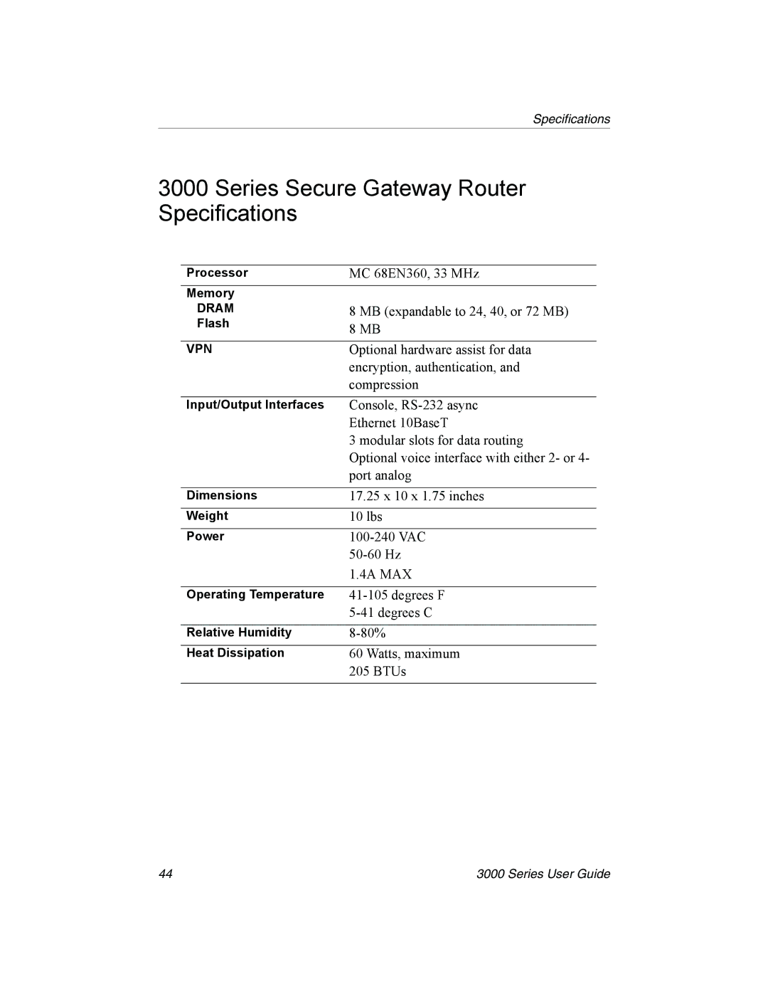 Nx Networks 3000 manual Series Secure Gateway Router Specifications 