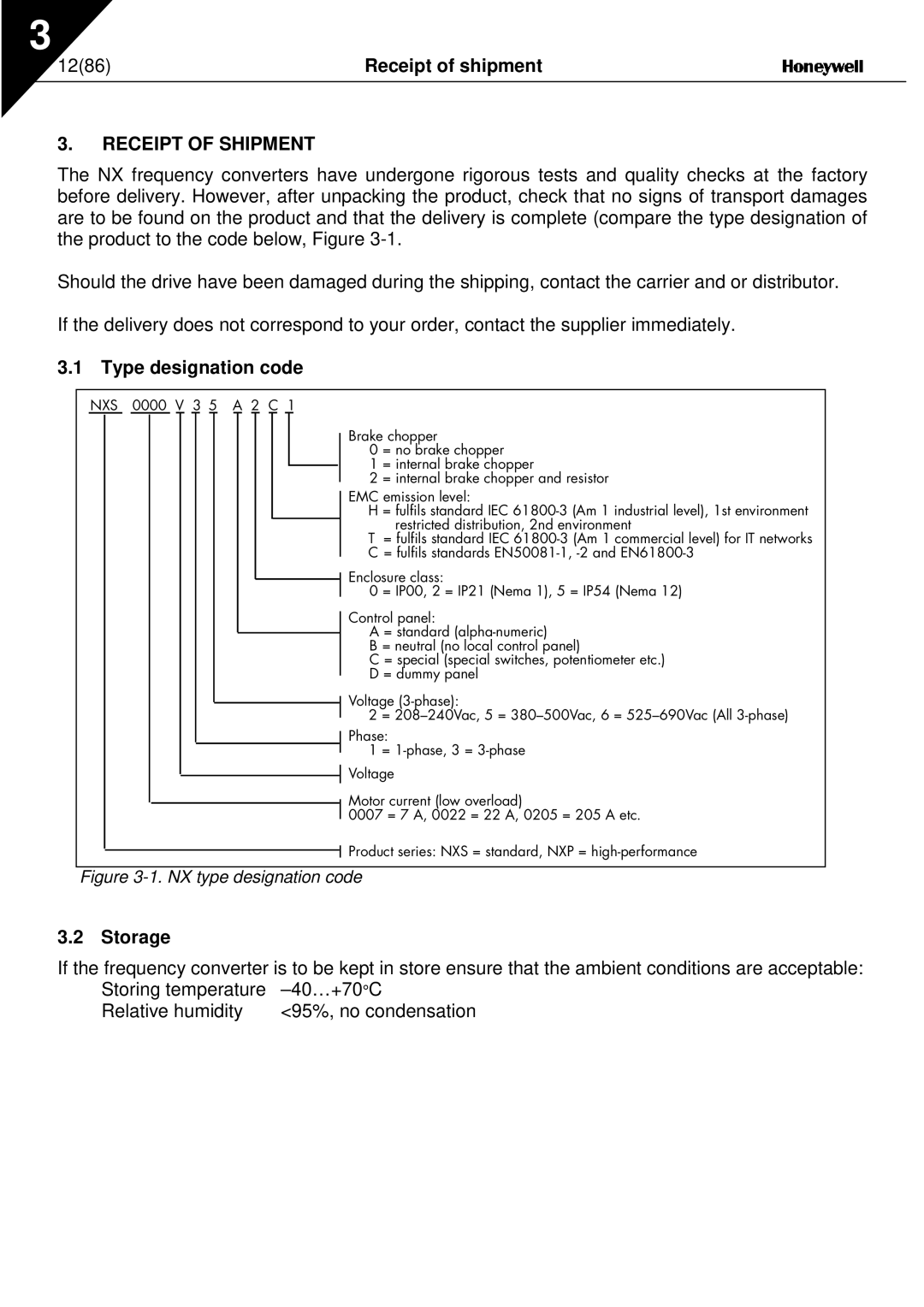 Nx Networks NX series user manual 1286, Receipt of shipment, Type designation code, Storage 