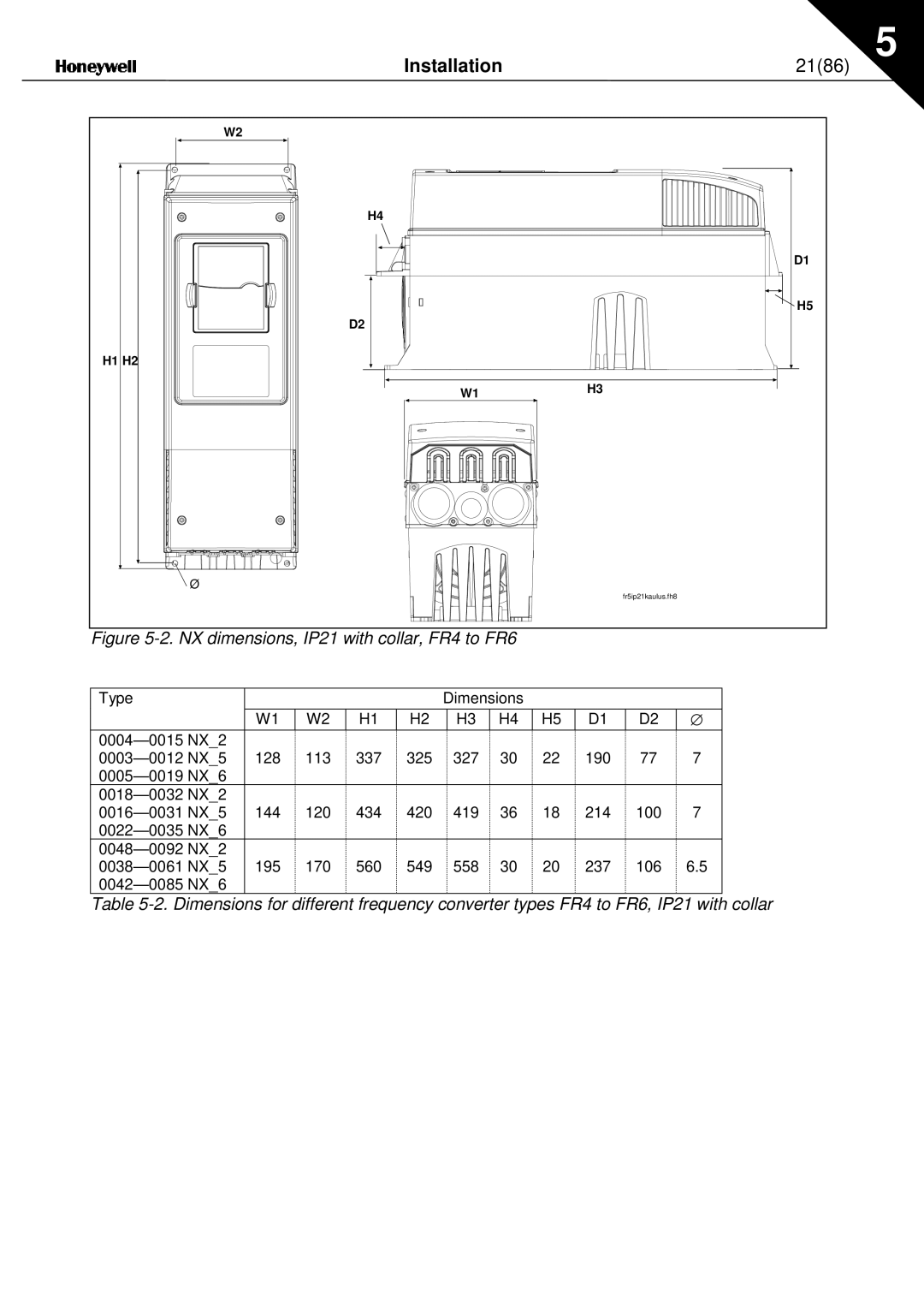 Nx Networks NX series user manual Installation 2186, NX dimensions, IP21 with collar, FR4 to FR6 