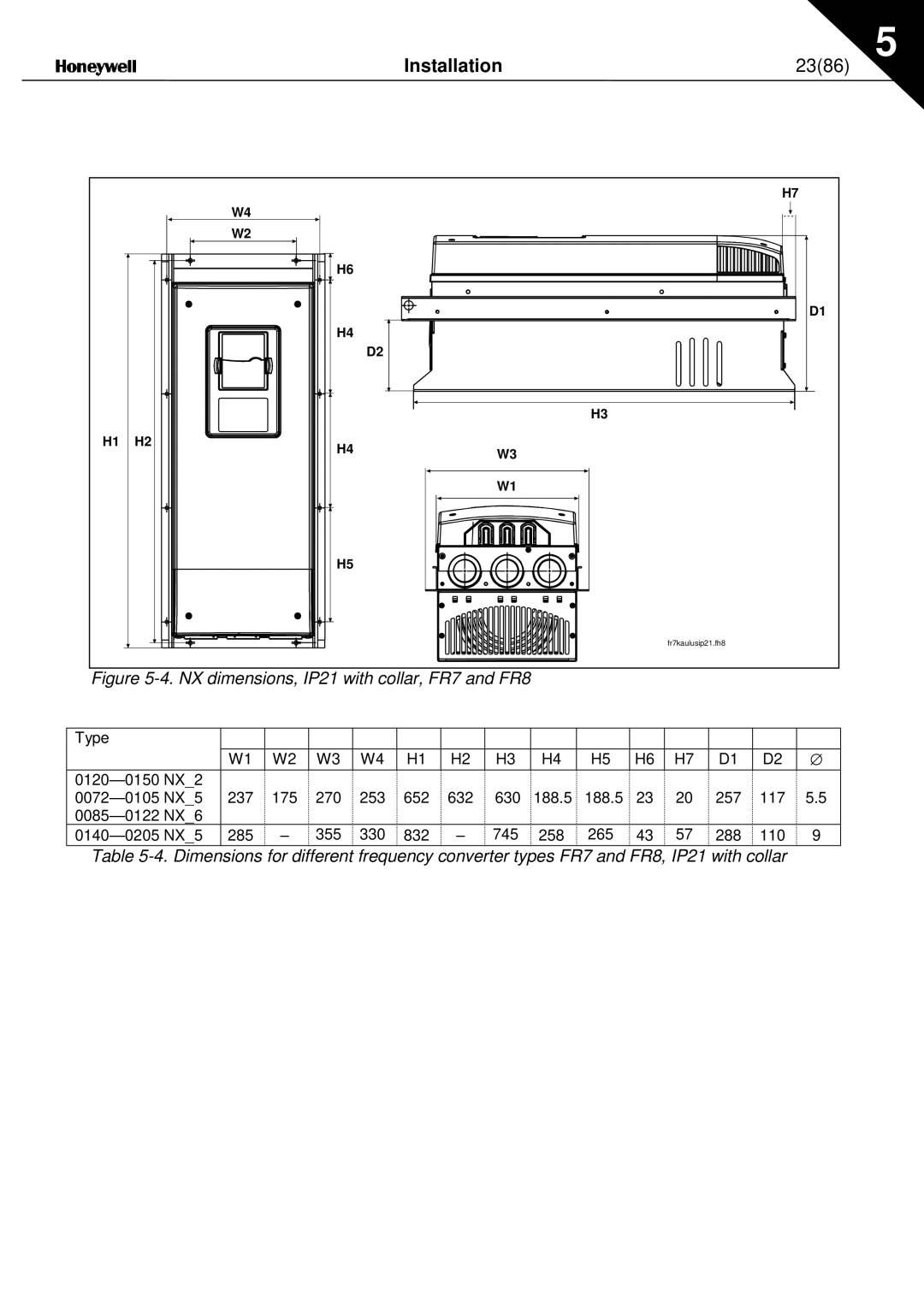 Nx Networks NX series user manual Installation 2386, NX dimensions, IP21 with collar, FR7 and FR8 