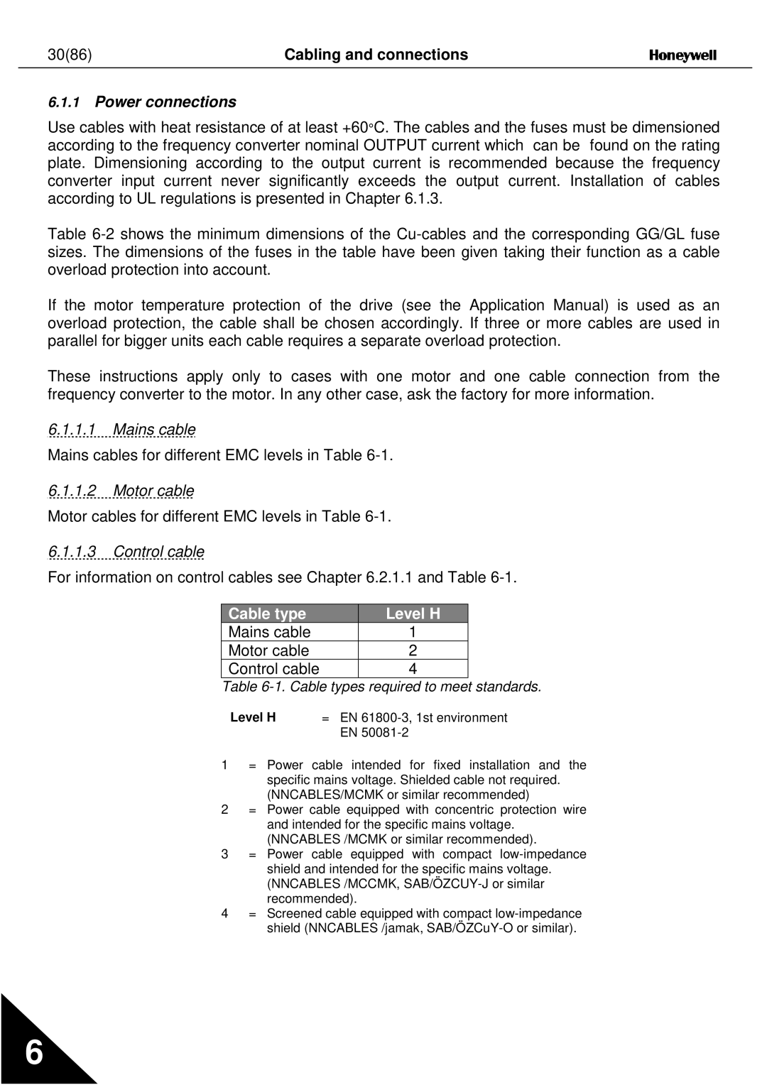 Nx Networks NX series user manual Power connections, Mains cable, Motor cable, Control cable 