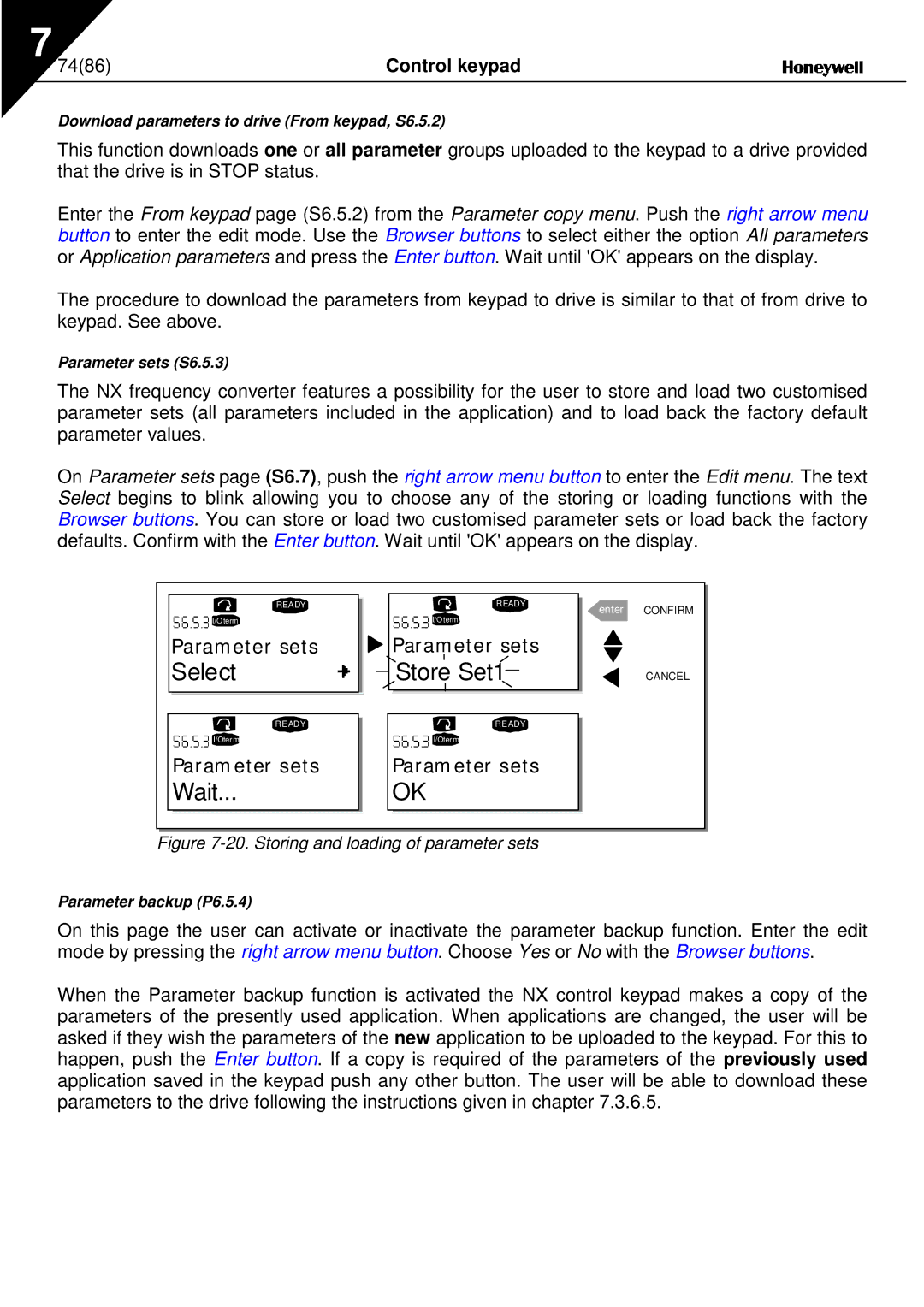 Nx Networks NX series user manual 7486, Storing and loading of parameter sets 