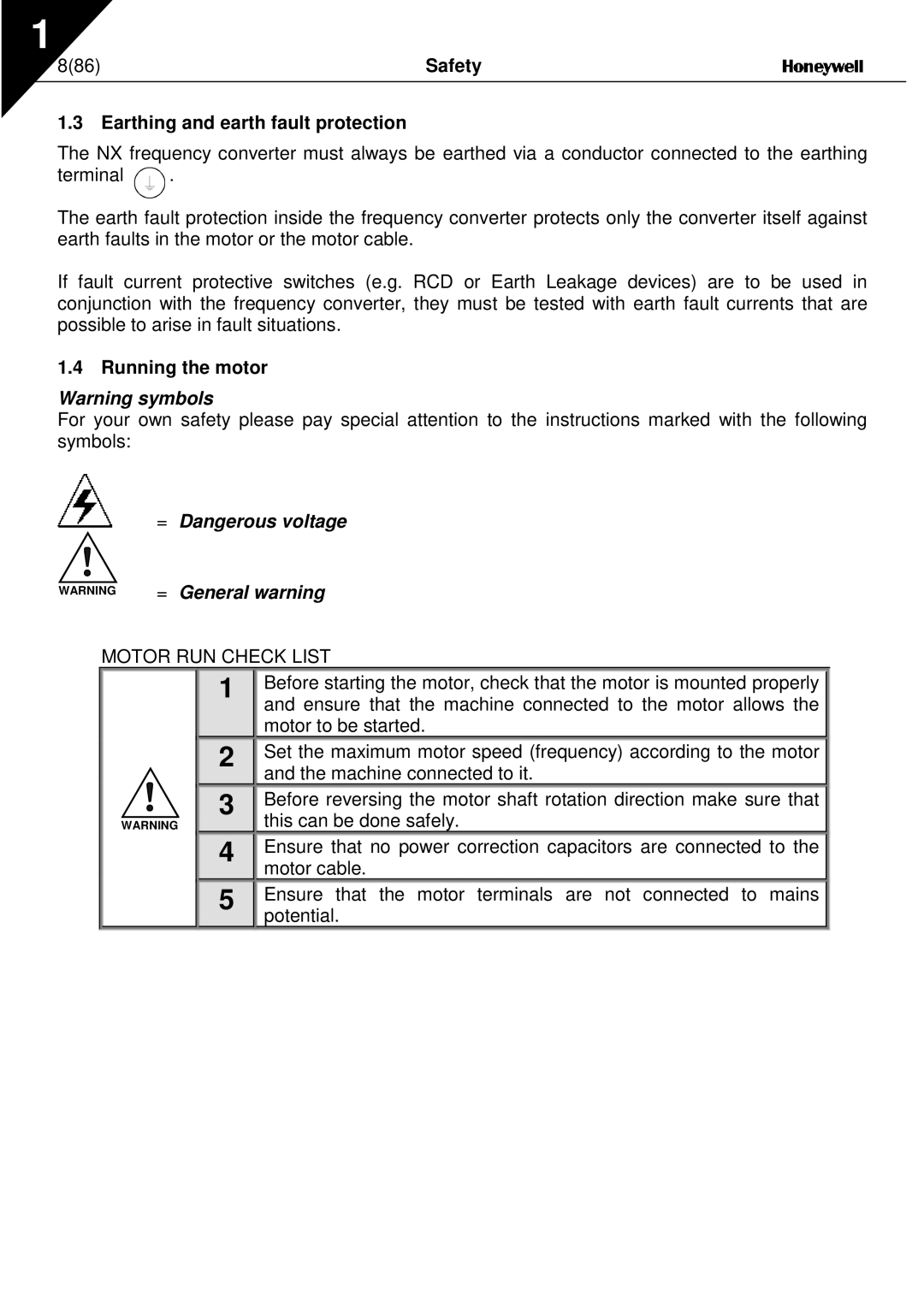 Nx Networks NX series Earthing and earth fault protection, Running the motor, = Dangerous voltage = General warning 