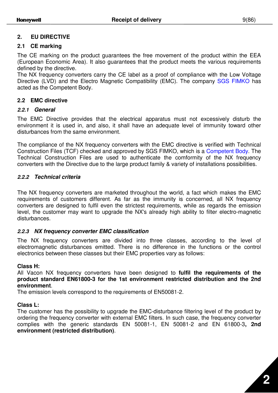 Nx Networks NX series user manual General, Technical criteria, NX frequency converter EMC classification 