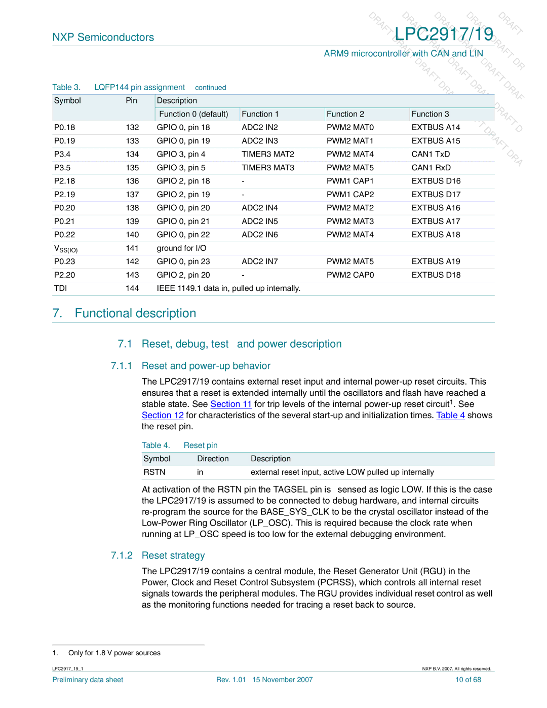 NXP Semiconductors LPC2919 Functional description, Reset, debug, test and power description, Reset and power-up behavior 