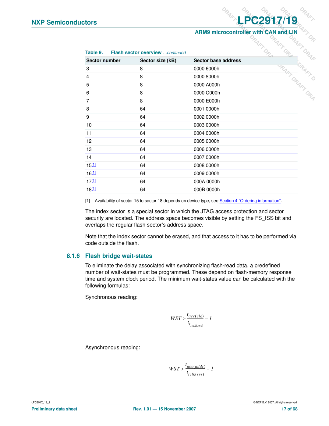 NXP Semiconductors LPC2917, LPC2919 user manual Flash bridge wait-states, Flash sector overview … 