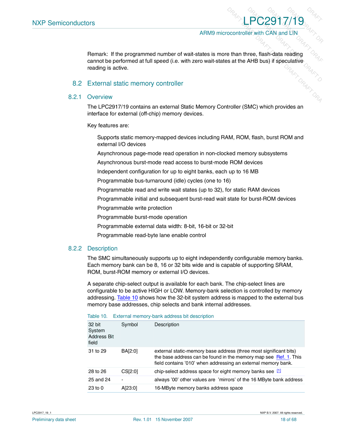 NXP Semiconductors LPC2919, LPC2917 External static memory controller, External memory-bank address bit description 