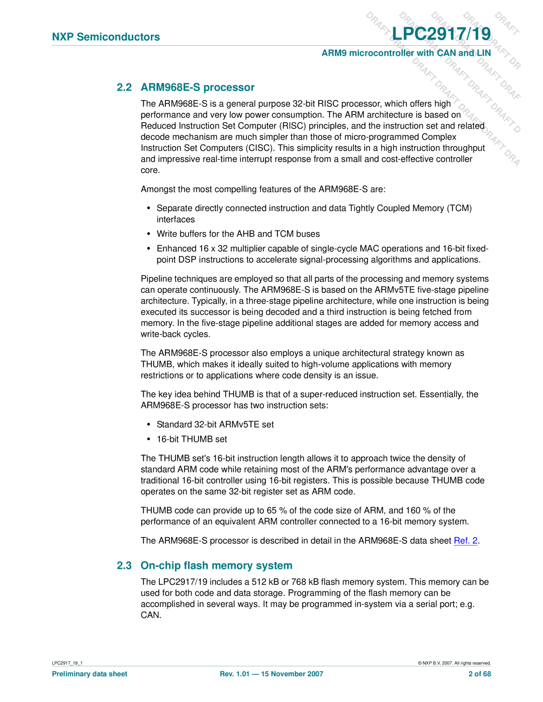 NXP Semiconductors LPC2919, LPC2917 user manual NXP Semiconductors, ARM968E-S processor, On-chip flash memory system 