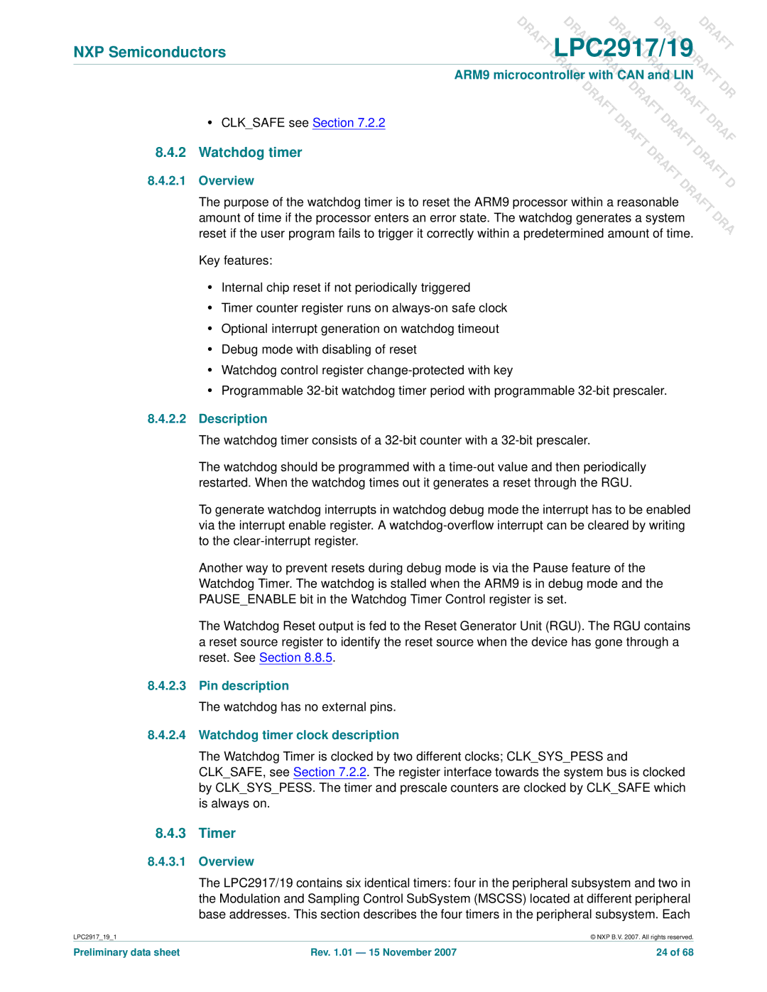 NXP Semiconductors LPC2919, LPC2917 user manual Timer, Pin description, Watchdog timer clock description 