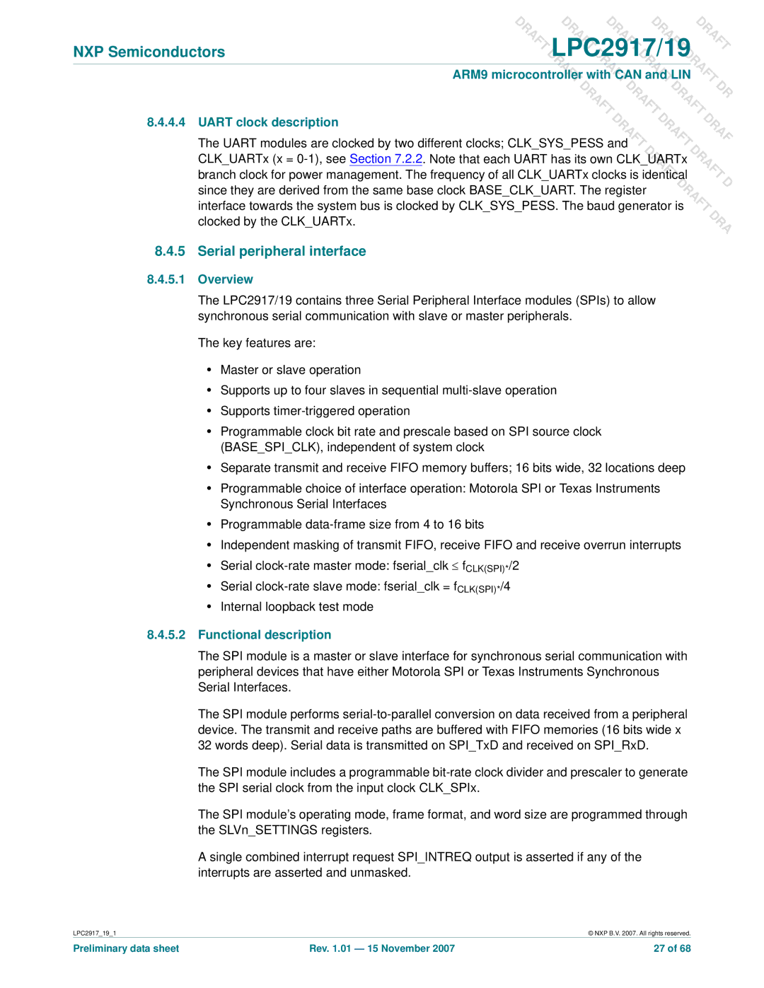 NXP Semiconductors LPC2917, LPC2919 user manual Serial peripheral interface, Uart clock description, Functional description 