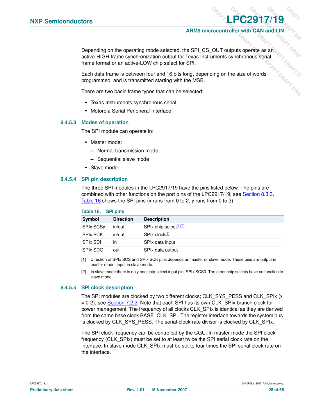 NXP Semiconductors LPC2919, LPC2917 user manual Modes of operation, SPI pin description, SPI clock description, SPI pins 