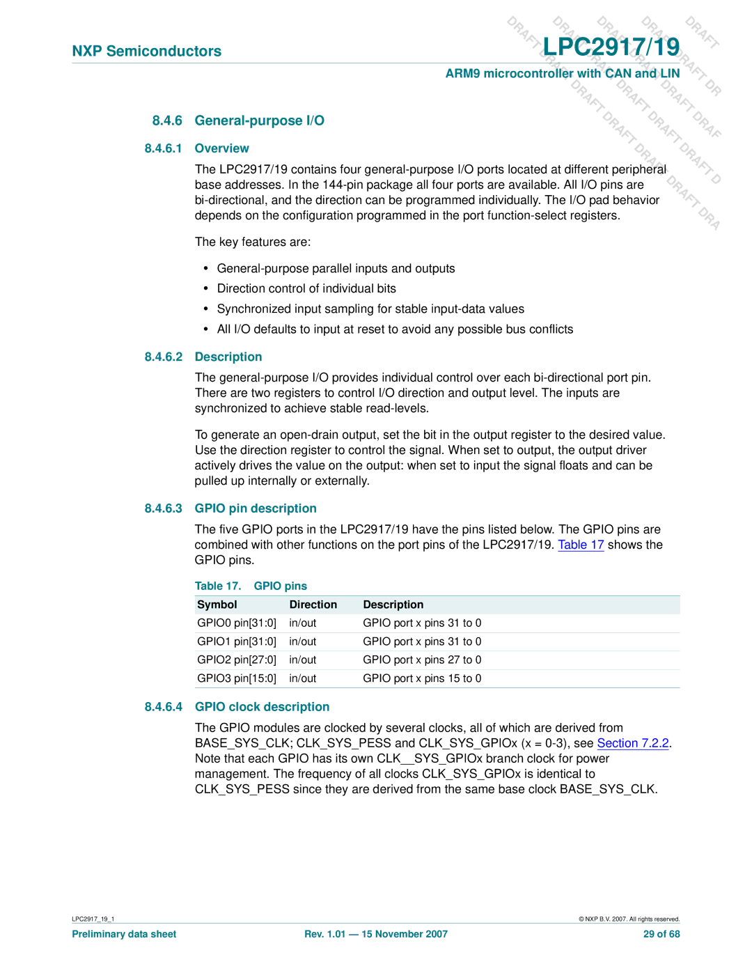 NXP Semiconductors LPC2917, LPC2919 General-purpose I/O, Overview, Gpio pin description, Gpio clock description, Gpio pins 