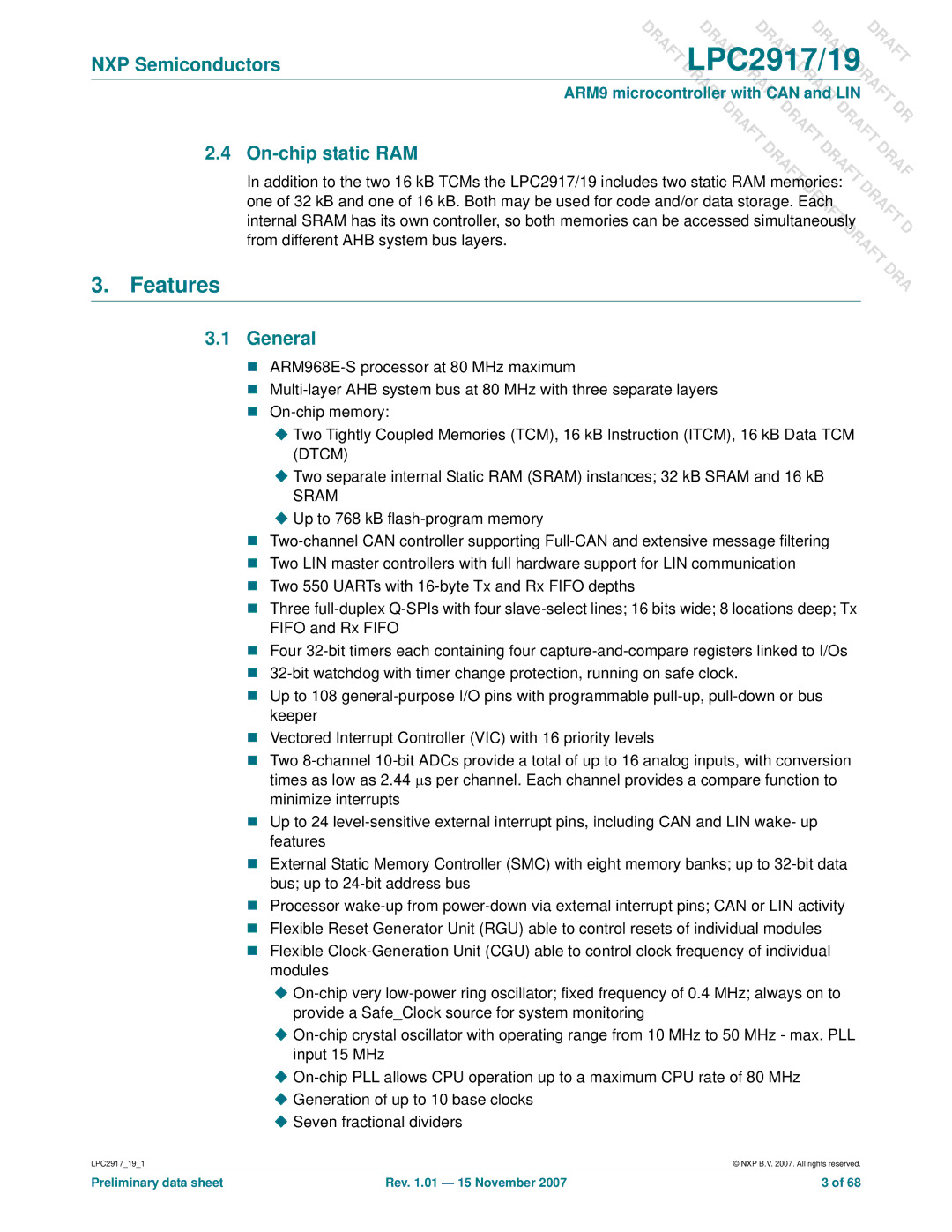 NXP Semiconductors LPC2917, LPC2919 user manual Features, On-chip static RAM, General 