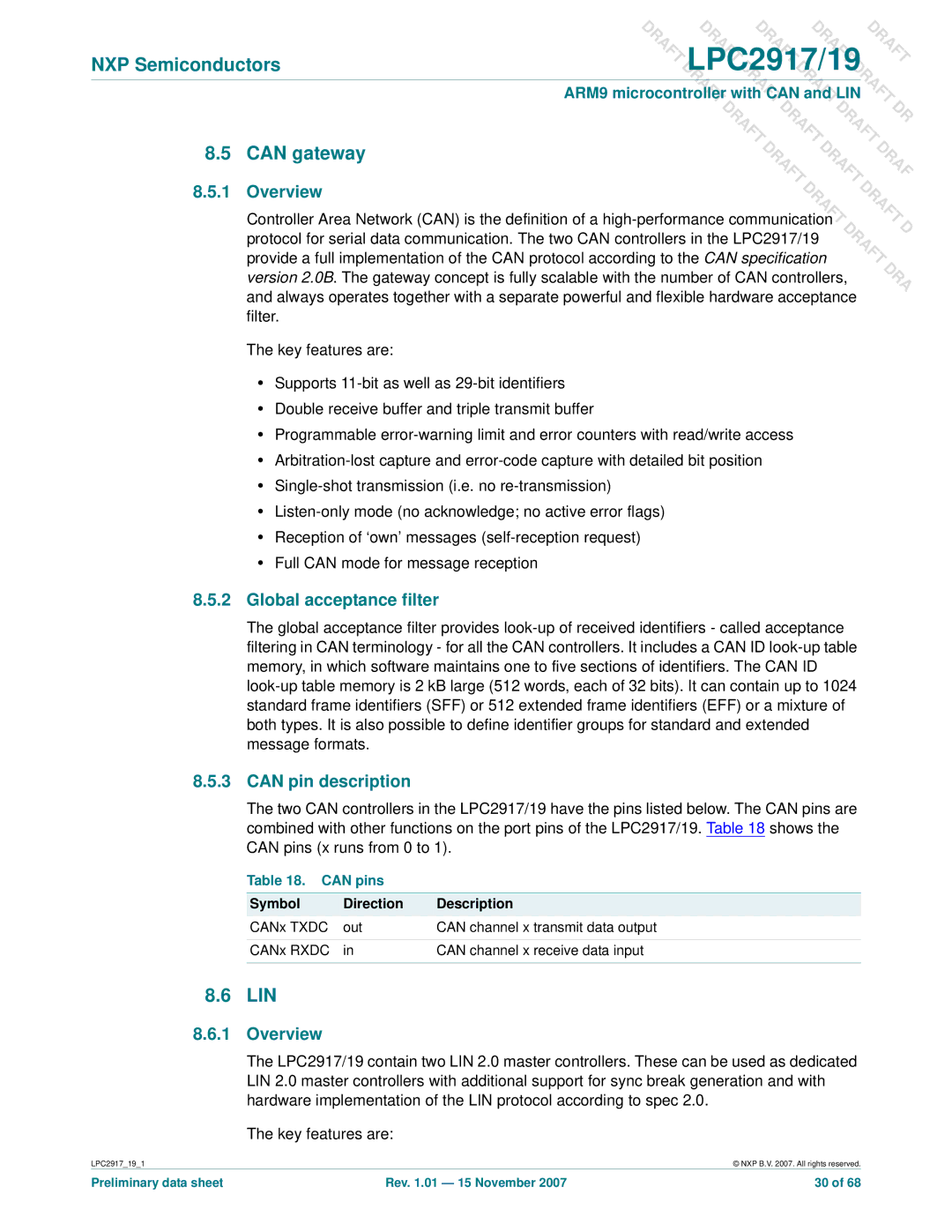 NXP Semiconductors LPC2919, LPC2917 user manual Can gateway, Lin, Global acceptance filter, Can pin description, Can pins 