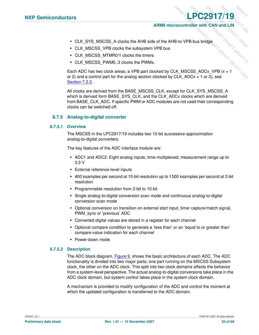 NXP Semiconductors LPC2917, LPC2919 user manual Draft, Analog-to-digital converter 