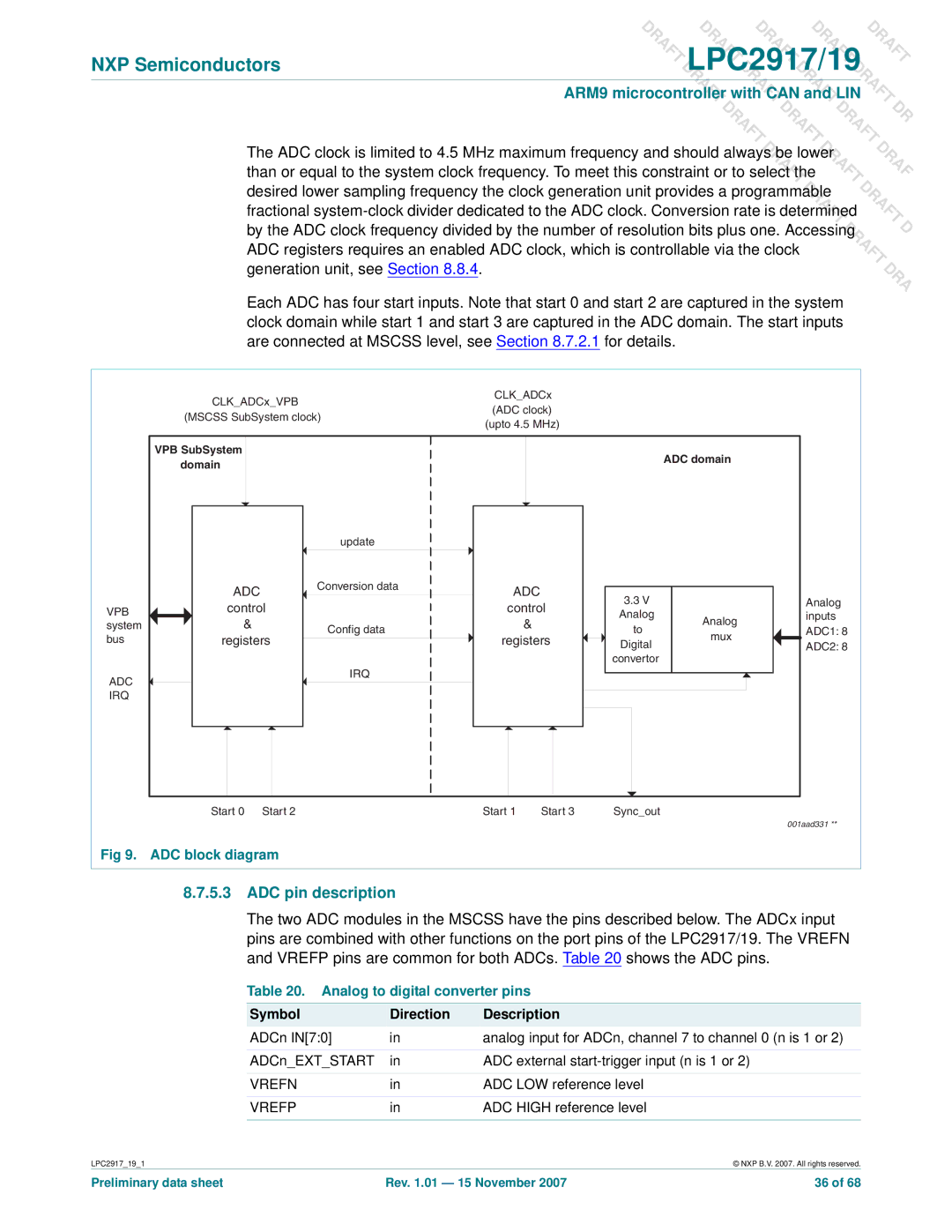 NXP Semiconductors LPC2919, LPC2917 user manual ADC pin description, ADC block diagram, Analog to digital converter pins 