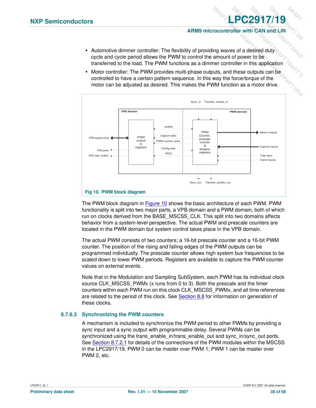 NXP Semiconductors LPC2919, LPC2917 user manual Synchronizing the PWM counters, PWM block diagram 