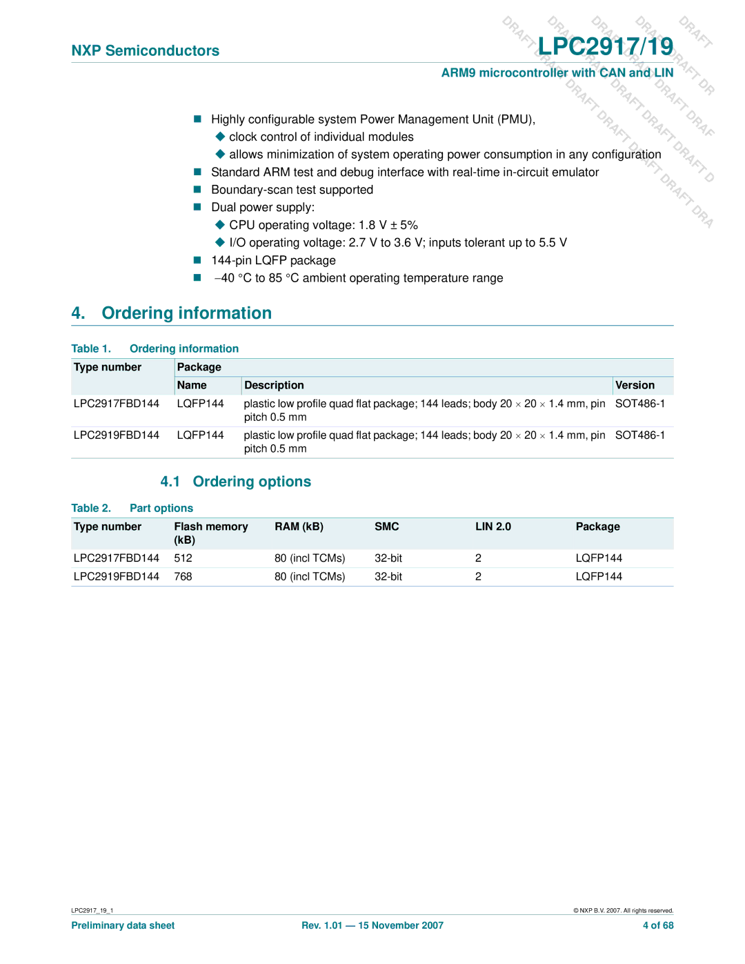 NXP Semiconductors LPC2919, LPC2917 user manual Ordering information, Ordering options, Part options 