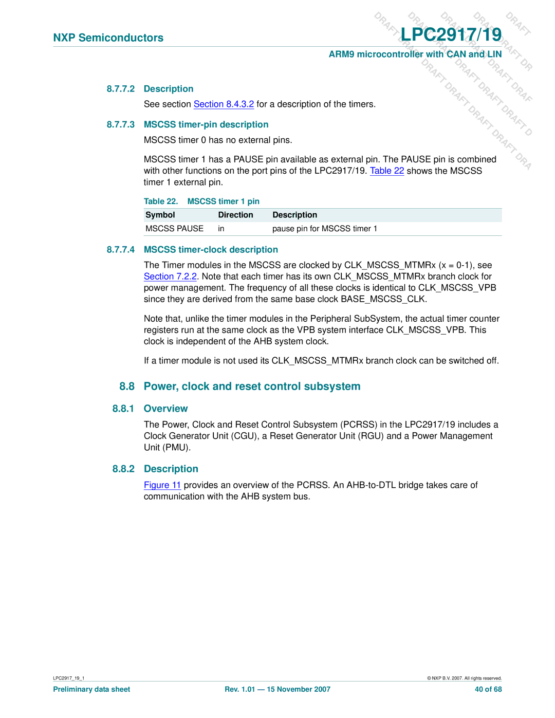 NXP Semiconductors LPC2919 Power, clock and reset control subsystem, Mscss timer-clock description, Mscss timer 1 pin 