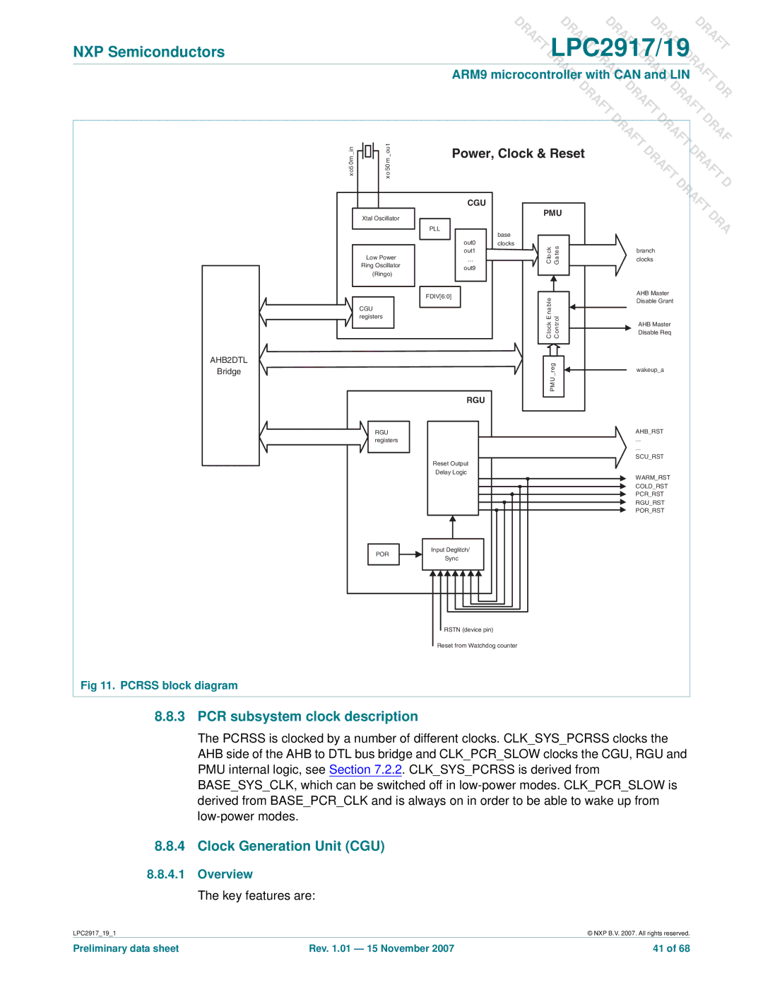 NXP Semiconductors LPC2917, LPC2919 PCR subsystem clock description, Clock Generation Unit CGU, Pcrss block diagram 