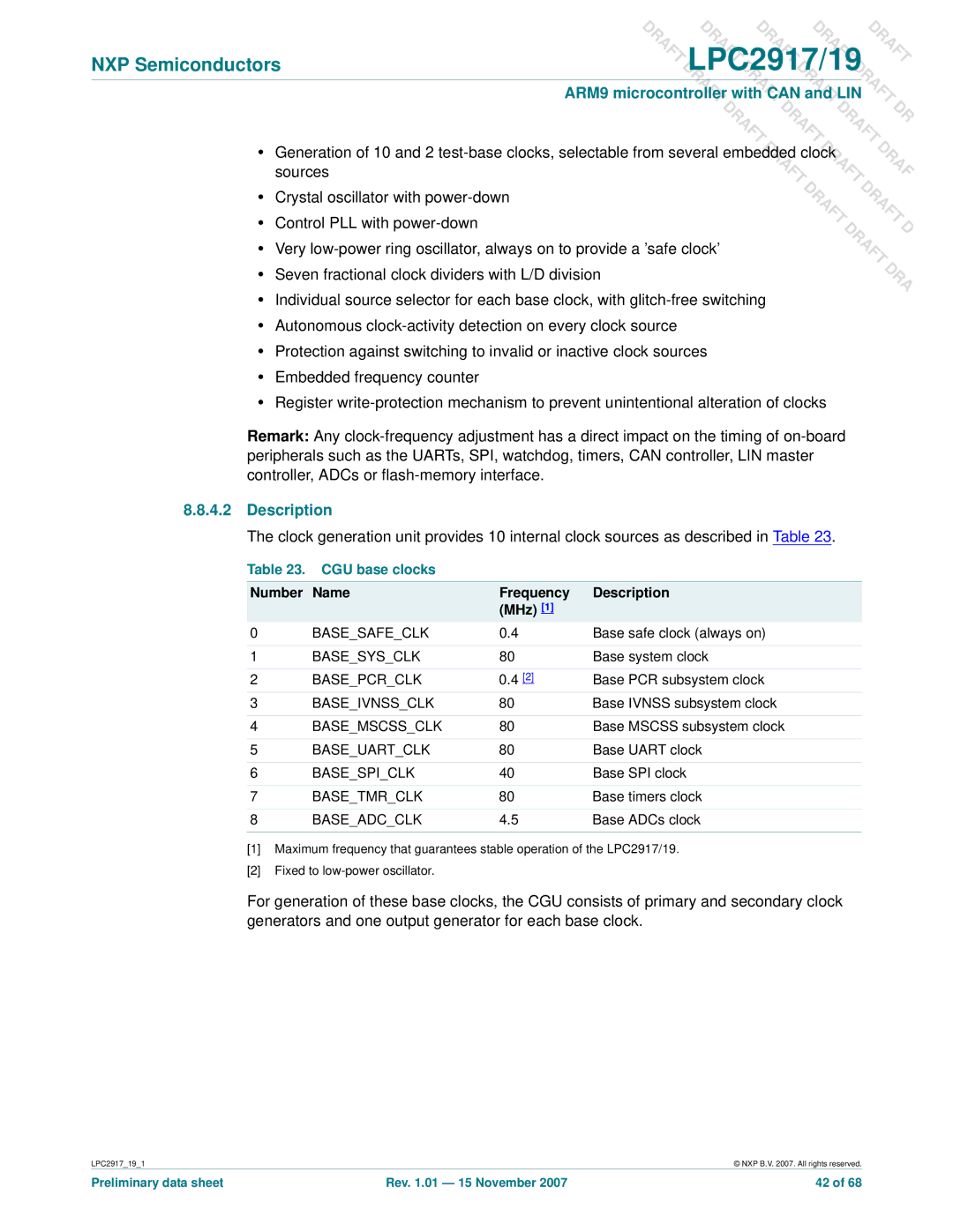 NXP Semiconductors LPC2919, LPC2917 user manual CGU base clocks, Number Name Frequency Description MHz 