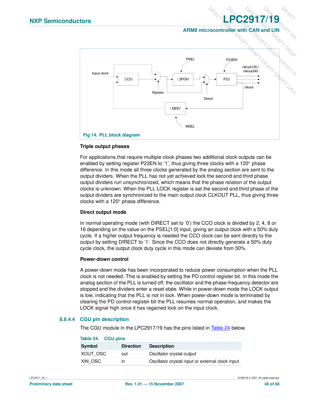 NXP Semiconductors LPC2919, LPC2917 user manual CGU pin description, PLL block diagram, CGU pins 