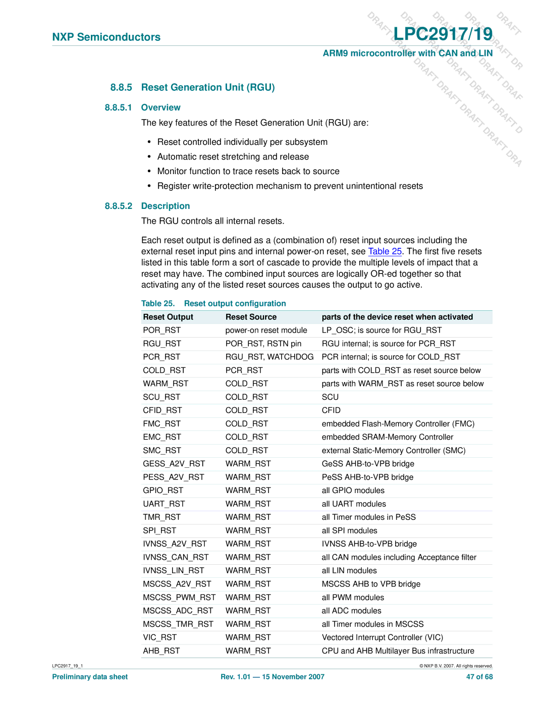 NXP Semiconductors LPC2917, LPC2919 user manual Reset Generation Unit RGU, Reset output configuration 