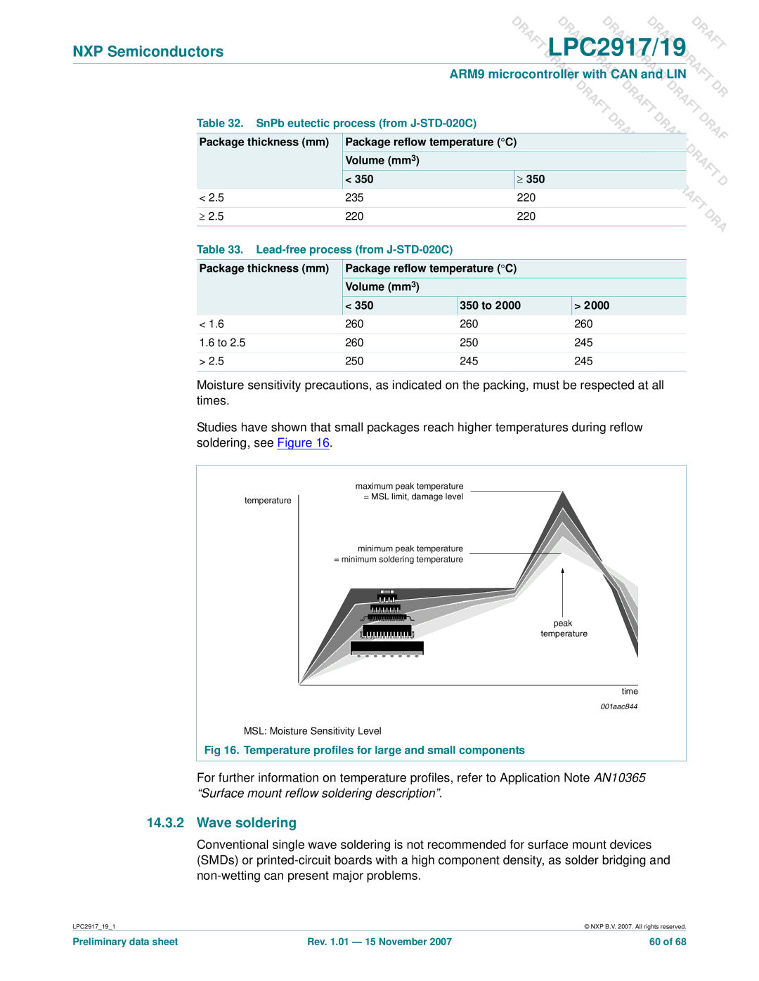 NXP Semiconductors LPC2919, LPC2917 user manual Wave soldering, SnPb eutectic process from J-STD-020C Package thickness mm 