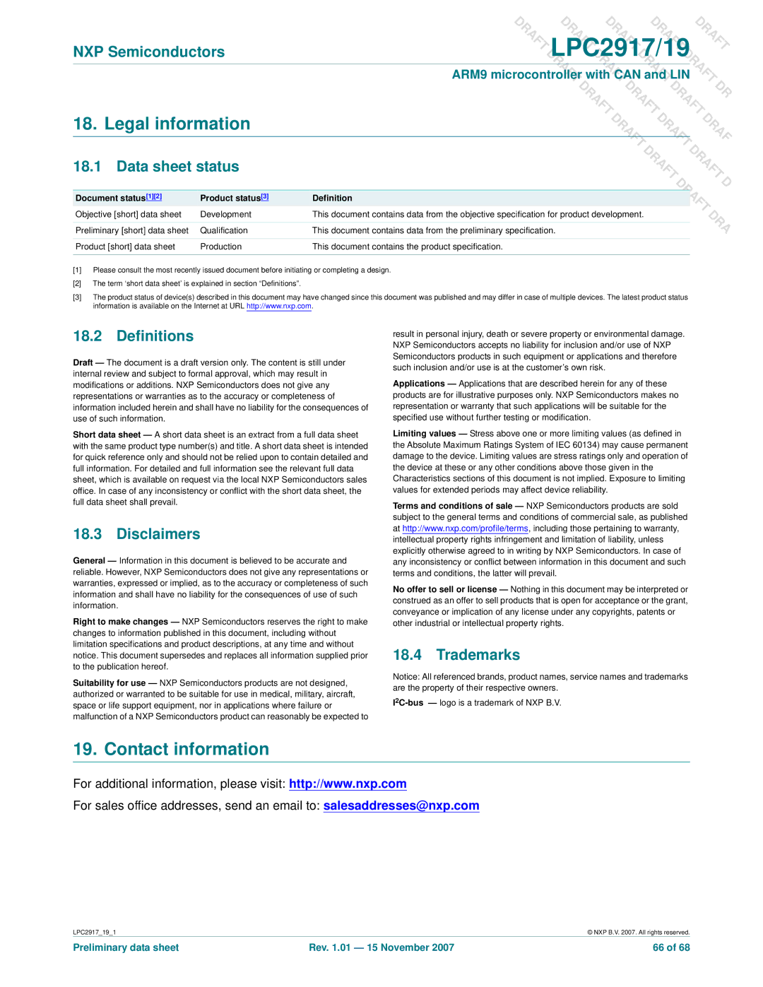 NXP Semiconductors LPC2919, LPC2917 user manual Legal information, Contact information 