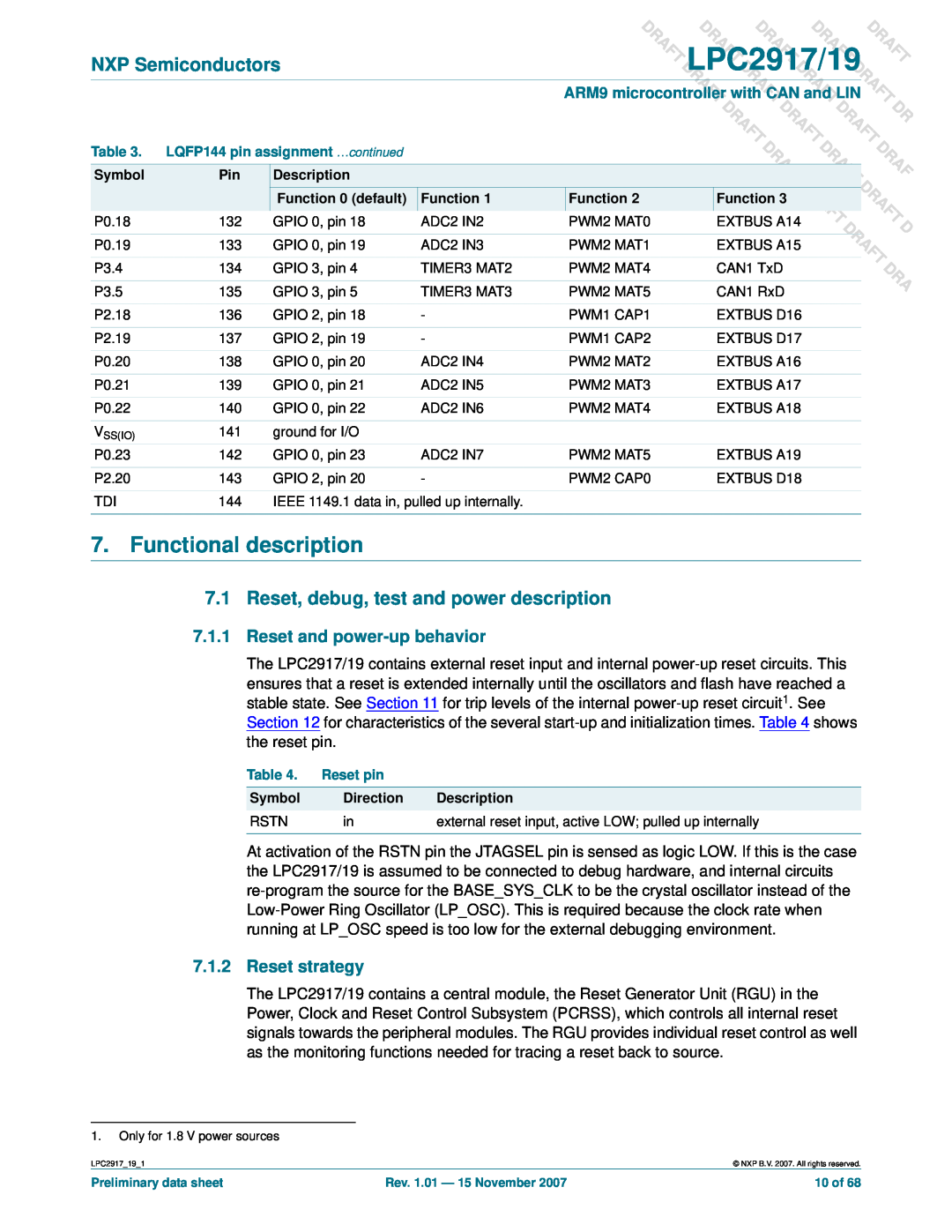 NXP Semiconductors LPC2919 Functional description, Reset, debug, test and power description, Reset and power-up behavior 